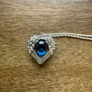 Silver Heart Necklace with Blue Gemstone 24 inches